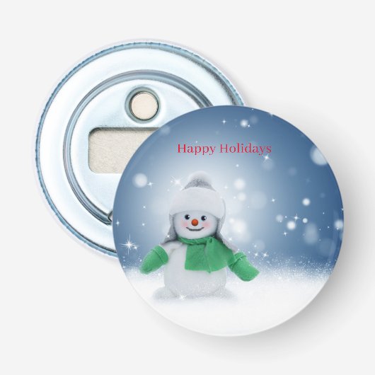 Sneeuwman met een groene sjaal button flesopener (Voorkant)