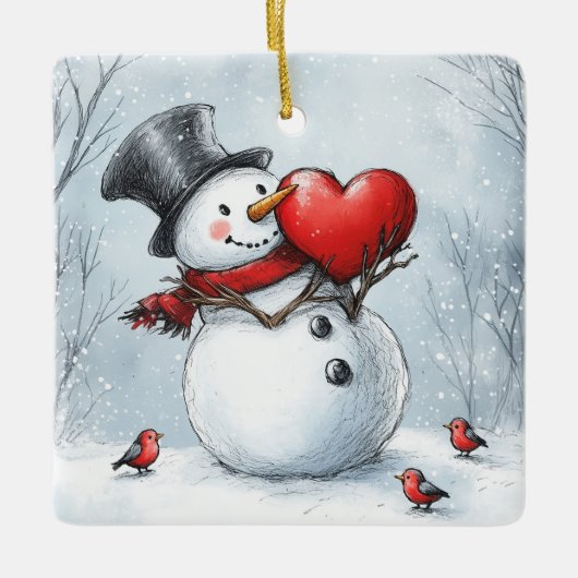 Sneeuwman met een groot hart en gedicht keramisch ornament (Voorkant)