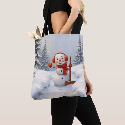 Sneeuwman met een rode schep tote bag (Dichtbij)