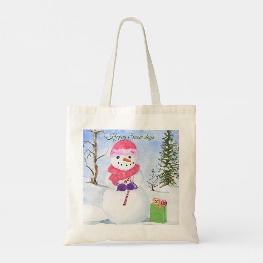 Sneeuwman met een roze sjaal Happy Snow days Canva Tote Bag (Achterkant)