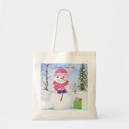 Sneeuwman met een roze sjaal Happy Snow days Canva Tote Bag (Voorkant)