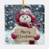 Sneeuwman met een vrolijk kerstbord keramisch ornament (Voorkant)