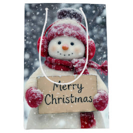 Sneeuwman met een vrolijk kerstbord medium cadeauzakje