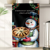 Sneeuwman met gepersonaliseerde kersttaart theedoek