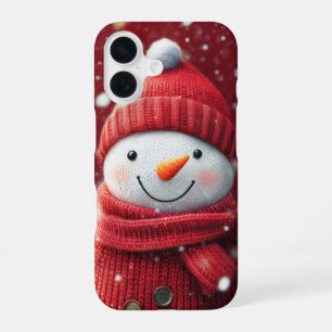 Sneeuwman met glimlach in rode breiwar - Kerstmis iPhone 16 Hoesje
