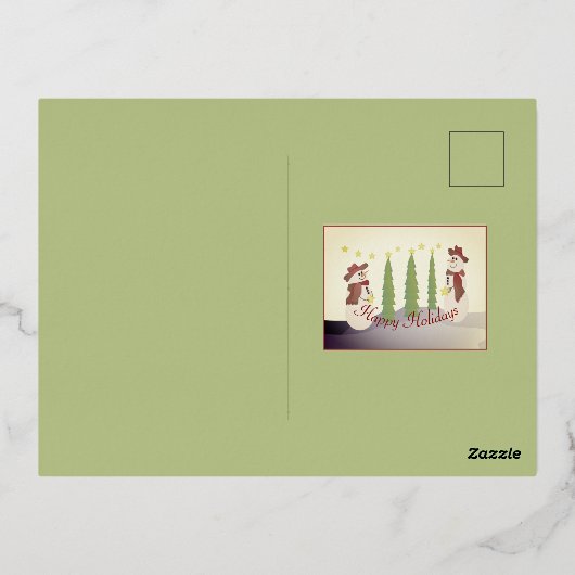 Sneeuwman met gouden accenten folie feestdagen briefkaart (Achterkant)