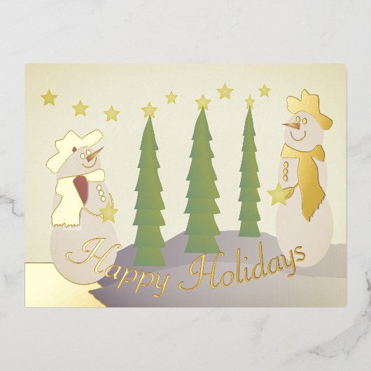 Sneeuwman met gouden accenten folie feestdagen briefkaart (Voorkant)
