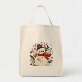 Sneeuwman met groene hoed en rode sjaal tote bag
