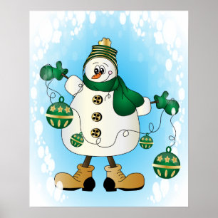 Sneeuwman met groene kerstversiering poster