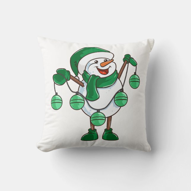 Sneeuwman met groene sjaal | Grappig kerstcadeau Kussen (Voorkant)