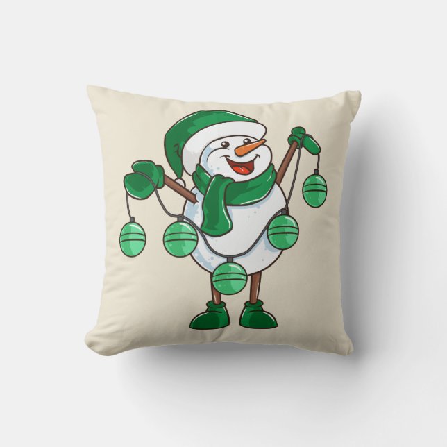 Sneeuwman met groene sjaal | Grappig kerstcadeau Kussen (Voorkant)