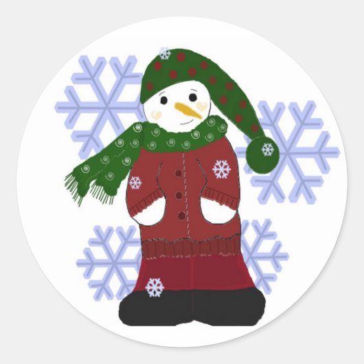 Sneeuwman met Grote Sneeuwvlokken Ronde Sticker (Voorkant)
