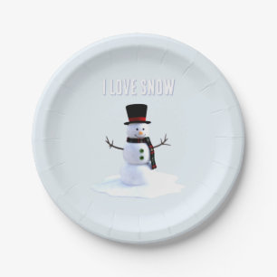 Sneeuwman met hoed en sjaal. Ik hou van sneeuw Papieren Bordje