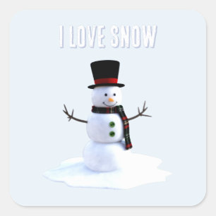 Sneeuwman met hoed en sjaal. Ik hou van sneeuw Vierkante Sticker