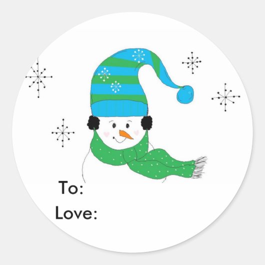 Sneeuwman met hoed en sjaal ronde sticker (Voorkant)