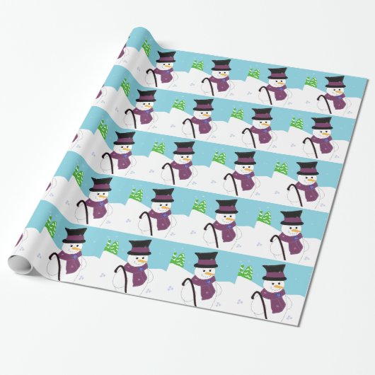 Sneeuwman met hoge hoed en wandelstok cadeaupapier (Uitgerold)