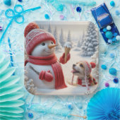 Sneeuwman met ijskegel en hond papieren bordje (Feest)