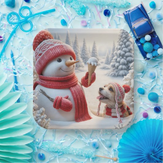 Sneeuwman met ijskegel en hond papieren bordje (Feest)