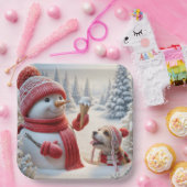 Sneeuwman met ijskegel en hond papieren bordje (Feest)