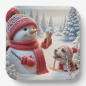 Sneeuwman met ijskegel en hond papieren bordje (Voorkant)