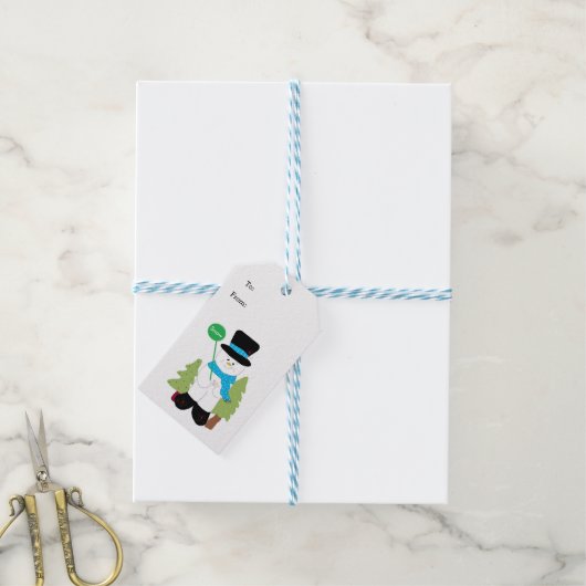 Sneeuwman met Kerstbomen Cadeaulabel (Met Touw)