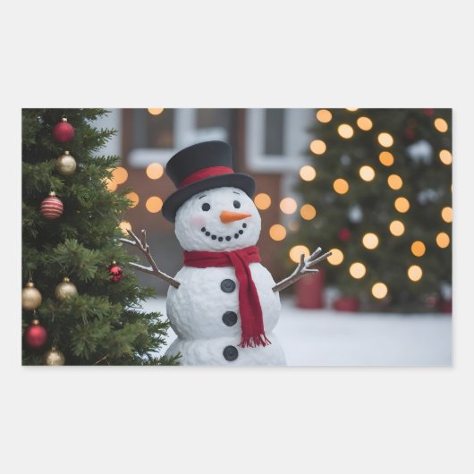 Sneeuwman met kerstbomen in de winter rechthoekige sticker (Voorkant)