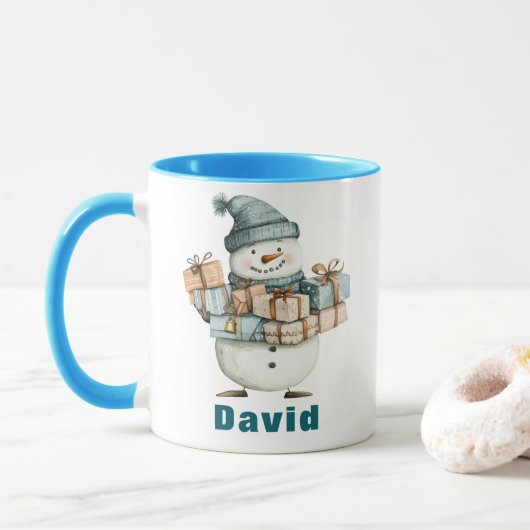Sneeuwman met kerstcadeaus blauw Pet Mok (Met donut)