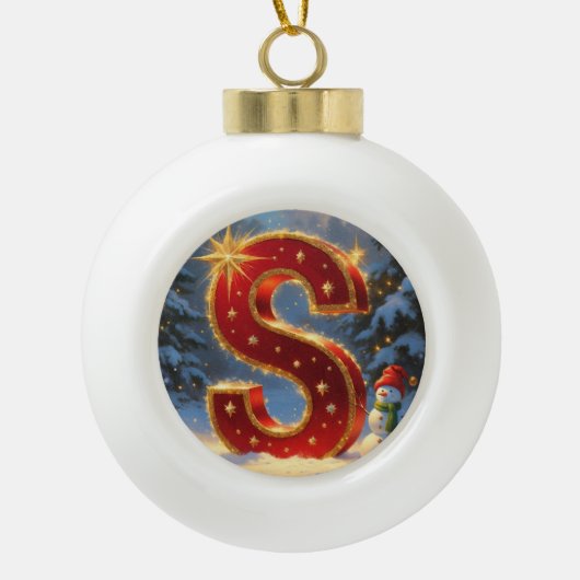 Sneeuwman met Kerstmis Letter S Persoonlijke Initi Keramische Bal Ornament (Voorkant)