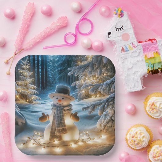 Sneeuwman met kerstverlichting papieren bordje (Feest)