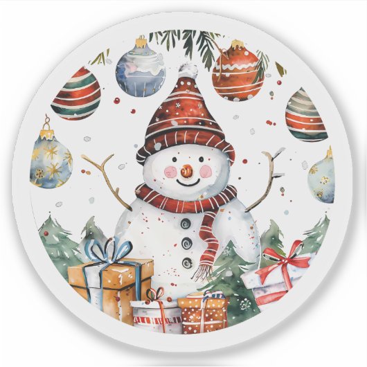 Sneeuwman met kerstversiering sticker (Voorkant)