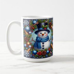 Sneeuwman met kerstversieringen en dennenappels koffiemok