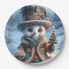 Sneeuwman met Nieuwjaarboom, Kerstmis, Auteur Nat Papieren Bordje