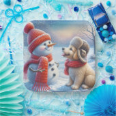 Sneeuwman met puppy papieren bordje (Feest)