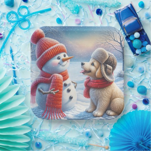 Sneeuwman met puppy papieren bordje (Feest)
