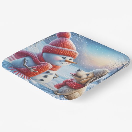 Sneeuwman met puppy papieren bordje (Gebogen)