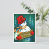 Sneeuwman met rode cilinder hoed, vakantie groeten briefkaart (Staand voorkant)