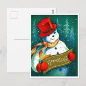 Sneeuwman met rode cilinder hoed, vakantie groeten briefkaart (Voorkant / Achterkant)