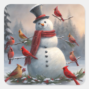 Sneeuwman met Rode Kardinalen Snowy Vierkante Sticker
