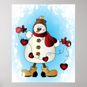 Sneeuwman met rode kerstharten poster