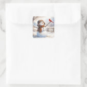 Sneeuwman Met Rood Kardinaalvogel Vierkante Sticker (Tas)