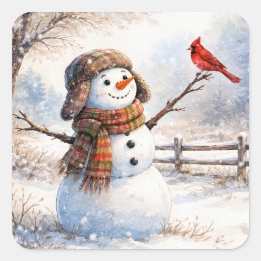 Sneeuwman Met Rood Kardinaalvogel Vierkante Sticker (Voorkant)