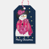 Sneeuwman met roze en donkerblauw cadeaulabel (Voorkant)