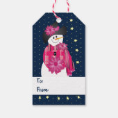 Sneeuwman met roze en donkerblauw cadeaulabel (Achterkant)
