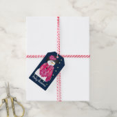Sneeuwman met roze en donkerblauw cadeaulabel (Met Touw)