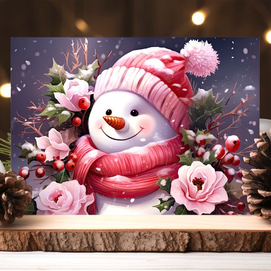 Sneeuwman met roze rozen Kerstmis Feestdagen Kaart