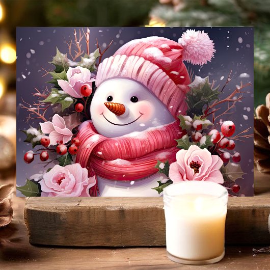 Sneeuwman met roze rozen Kerstmis Feestdagen Kaart