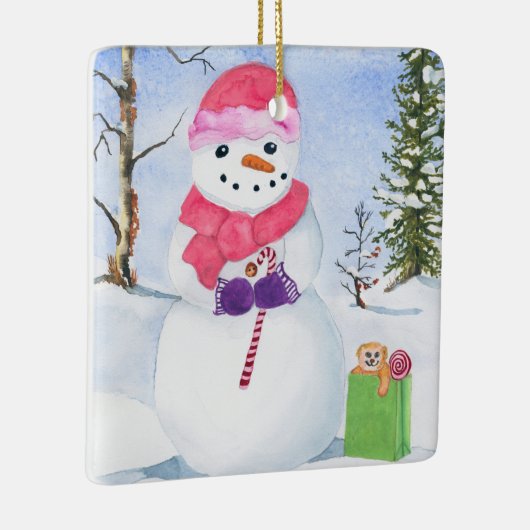 Sneeuwman met roze sjaal en snoepriet Ornament (Rechts)