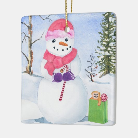 Sneeuwman met roze sjaal en snoepriet Ornament (Links)