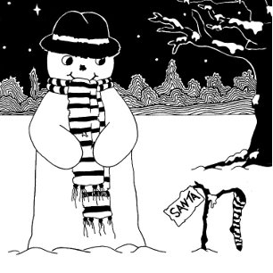 sneeuwman met sjaal en pet zwart - wit kunst feestdagen kaart