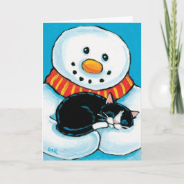 Sneeuwman met slapende smoking kattenschilderij feestdagen kaart